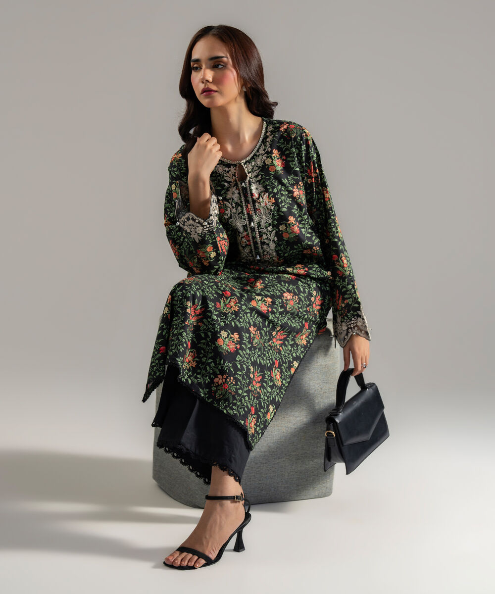 Women's RTW Cotton Viscose Printed Embroidered Black Straight Shirt