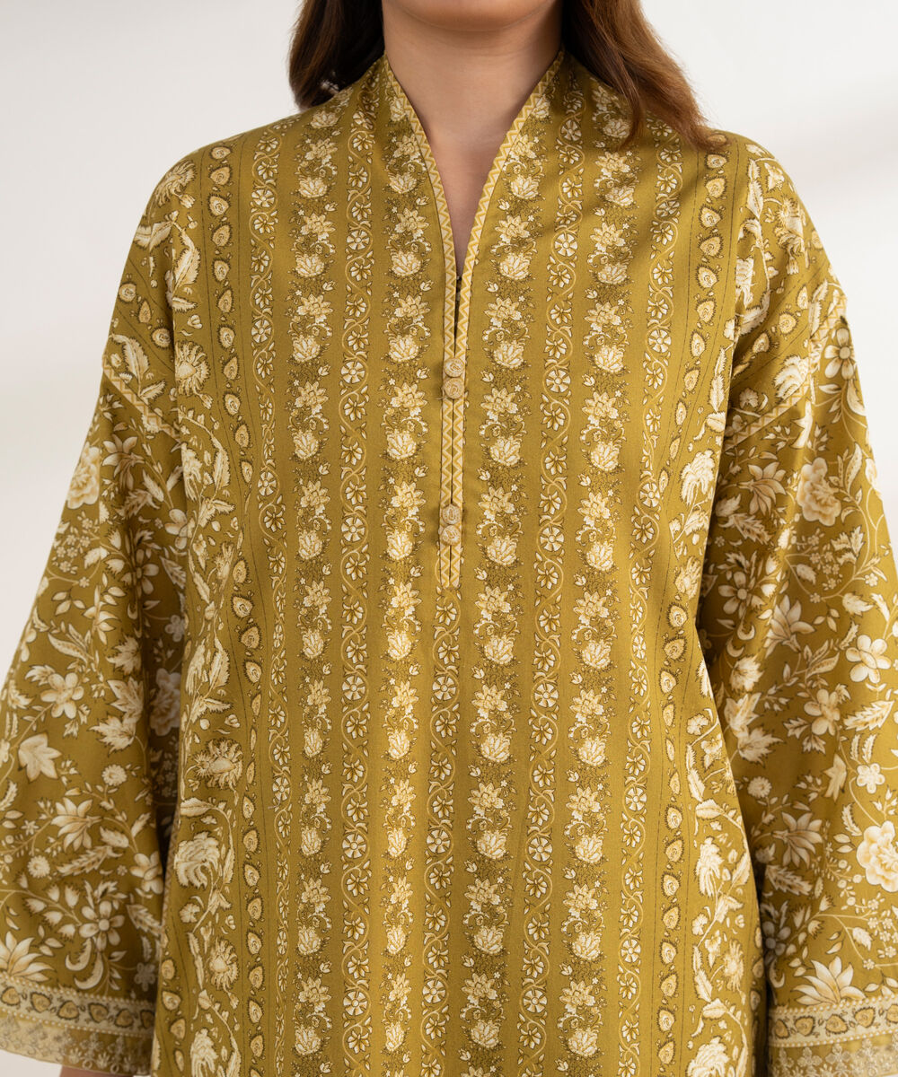 Women's Unstitched Cotton Printed Brown 3 Piece Suit