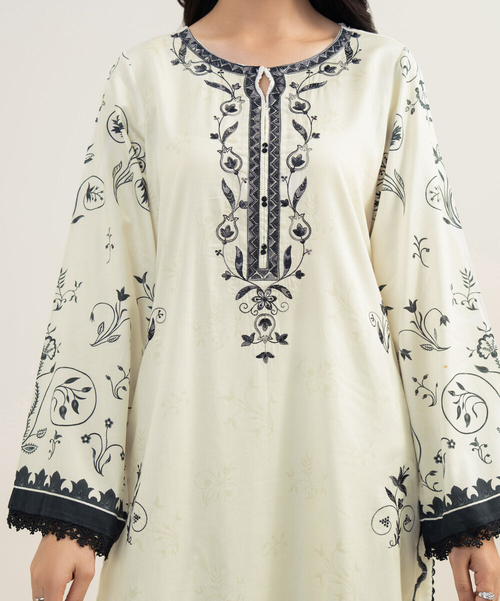 Women's RTW Cotton Satin Embroidered White A-Line Shirt