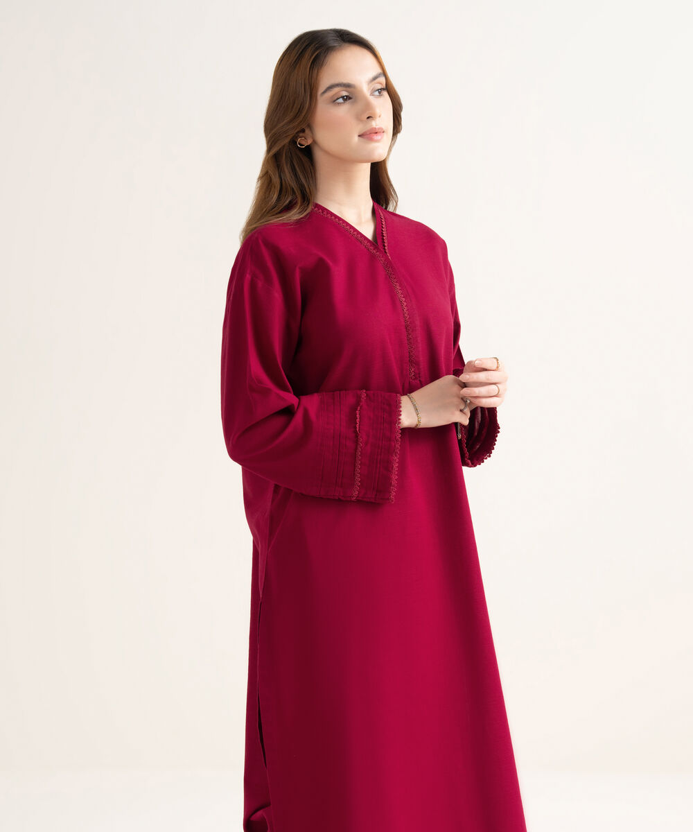 Women's RTW Textured Cotton Solid Drop Shoulder Red Shirt