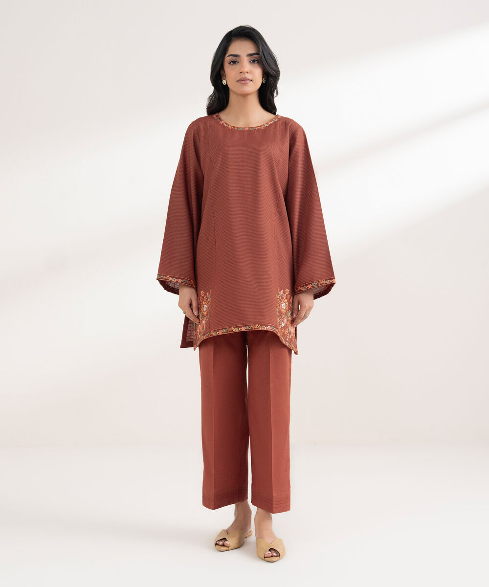 Women's RTW Light Khaddar Embroidered Rust Straight Shirt
