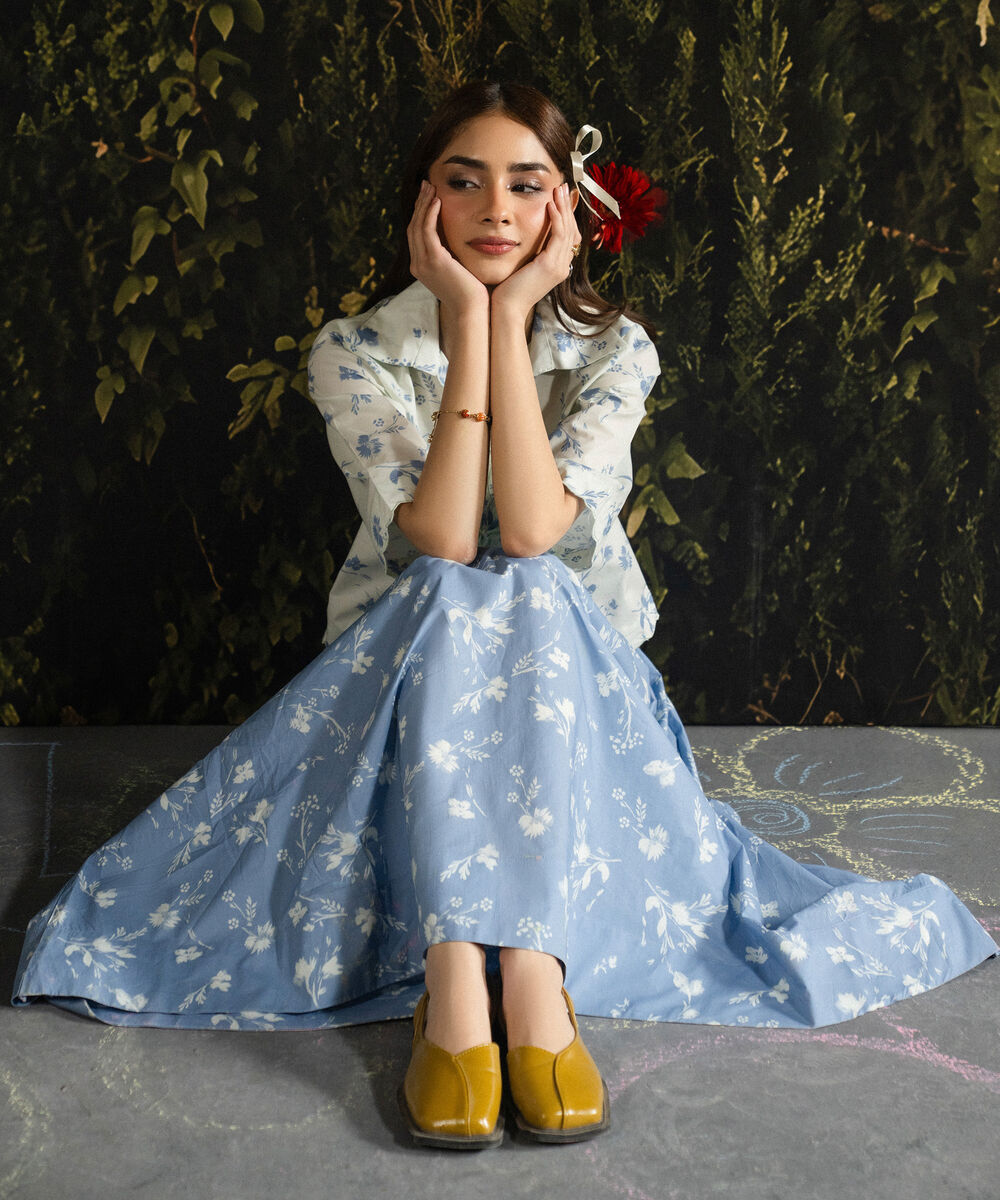 Women's RTW Poplin Printed Blue Skirt