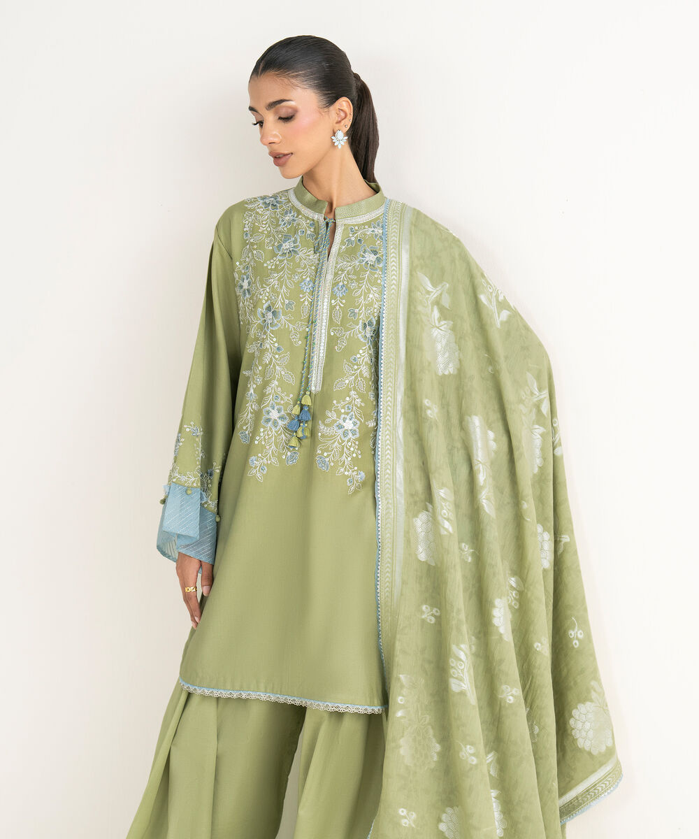 Women's Unstitched Fine Cotton Satin Embroidered Green 3 Piece Suit