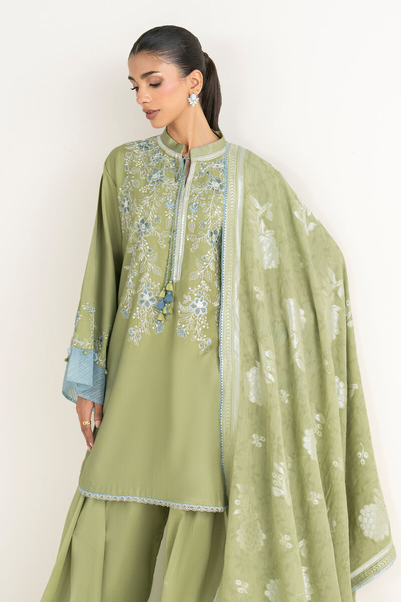 3 Piece - Embroidered Cotton Satin Suit