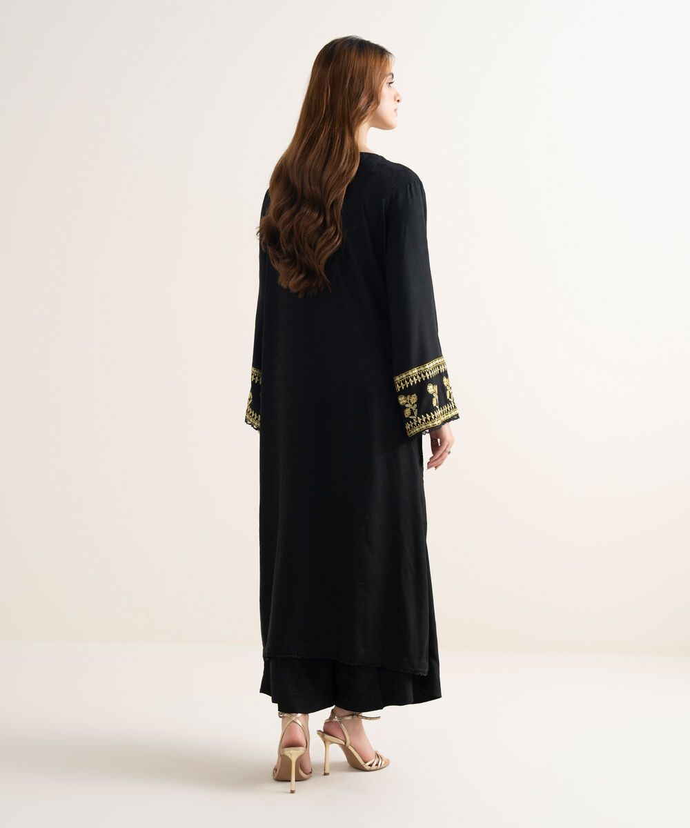 Women's RTW Textured Viscose Embroidered Straight Black Shirt