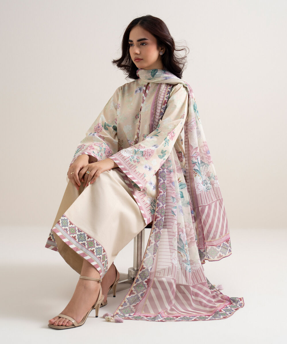 Women's Unstitched Lawn Printed Off White 3 Piece Suit