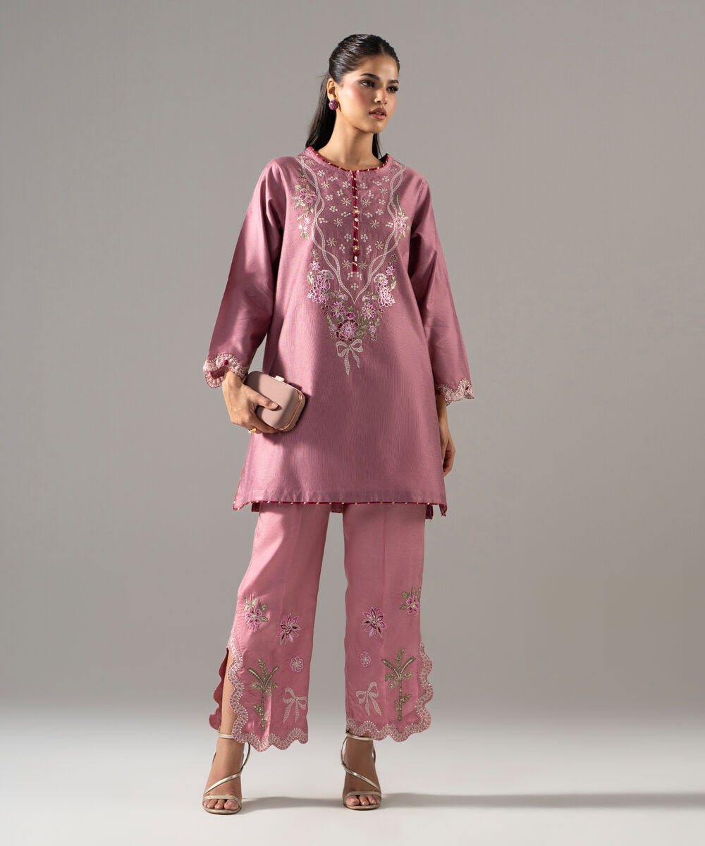 Women's RTW Cotton Net Solid Embroidered Pink 2 Piece Suit
