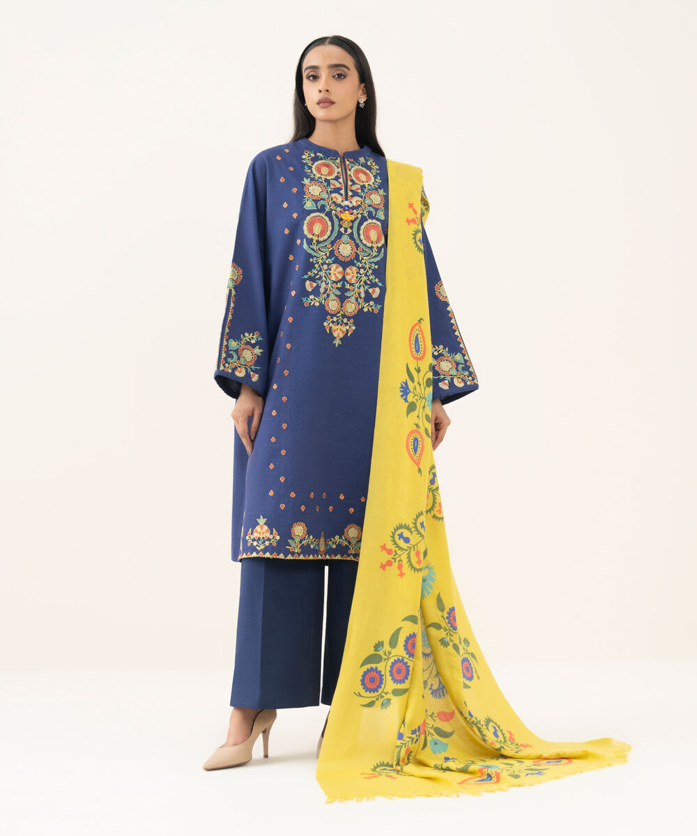Women's Unstitched Embroidered Khaddar Blue 3 Piece Suit