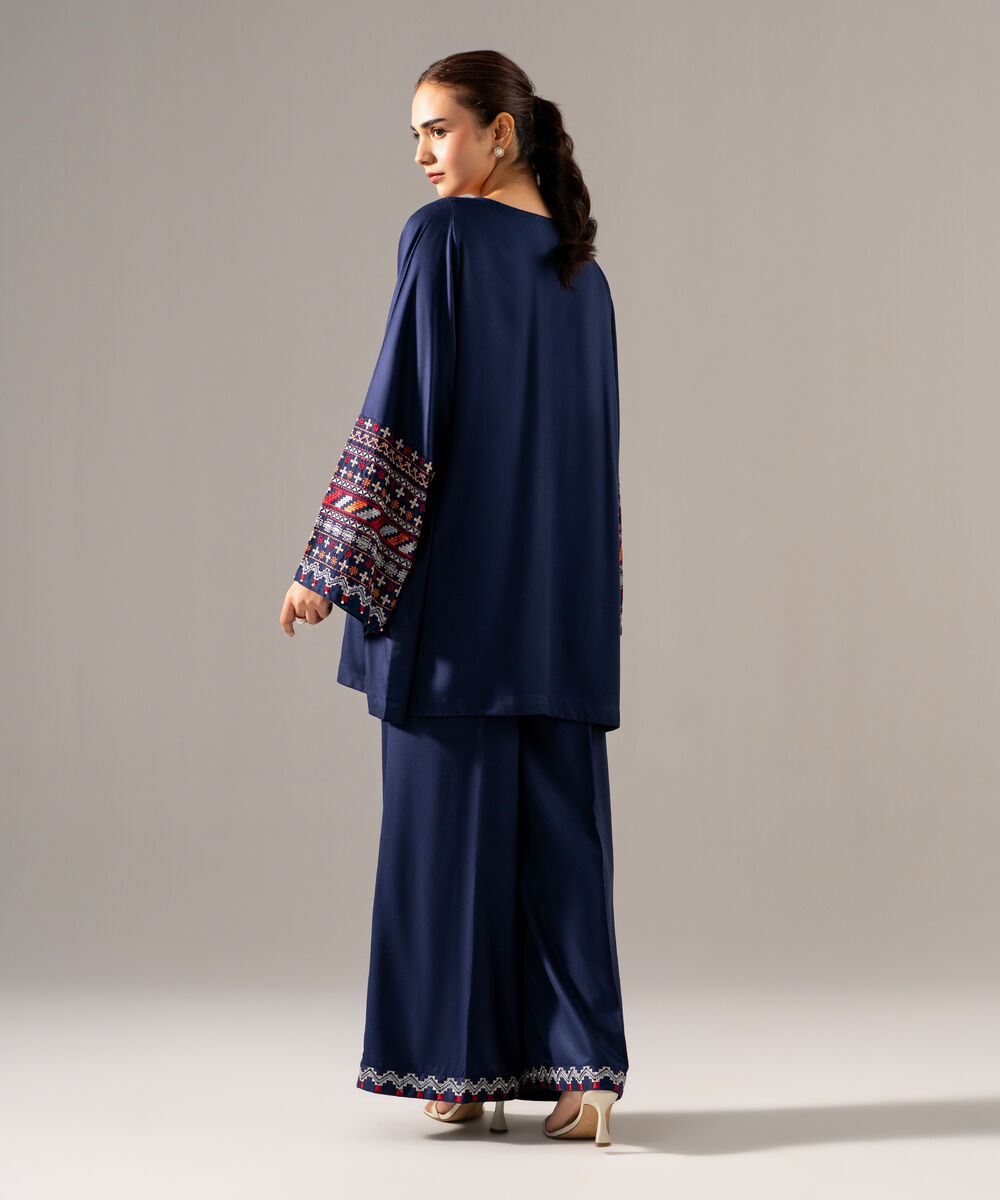 Women's RTW Bedford Solid Embroidered Blue Drop Shoulder Shirt