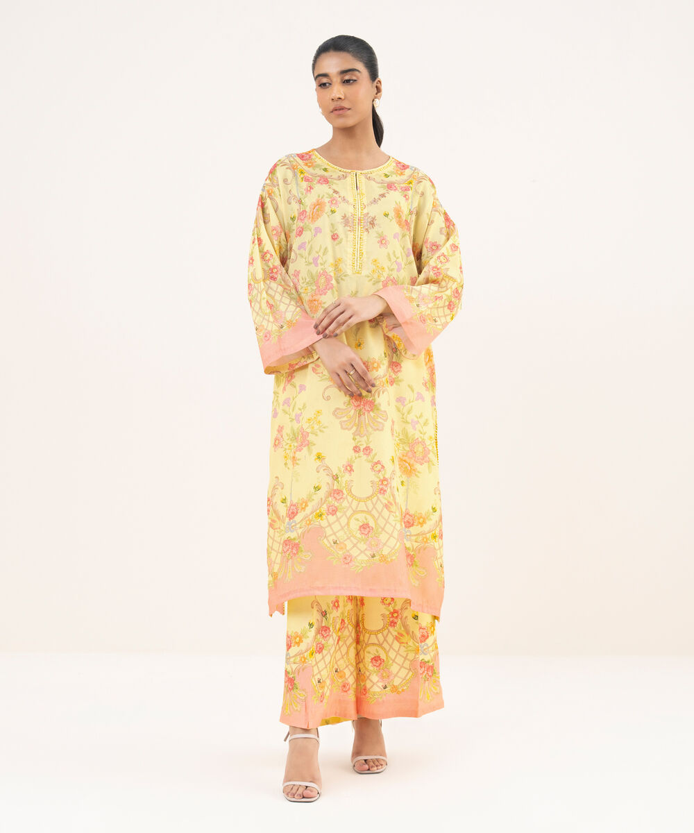 Women's RTW Blended Satin Yellow Printed A-Line 2 Piece Suit