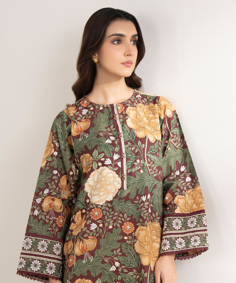 Women's RTW Khaddar Printed A-Line Maroon Shirt