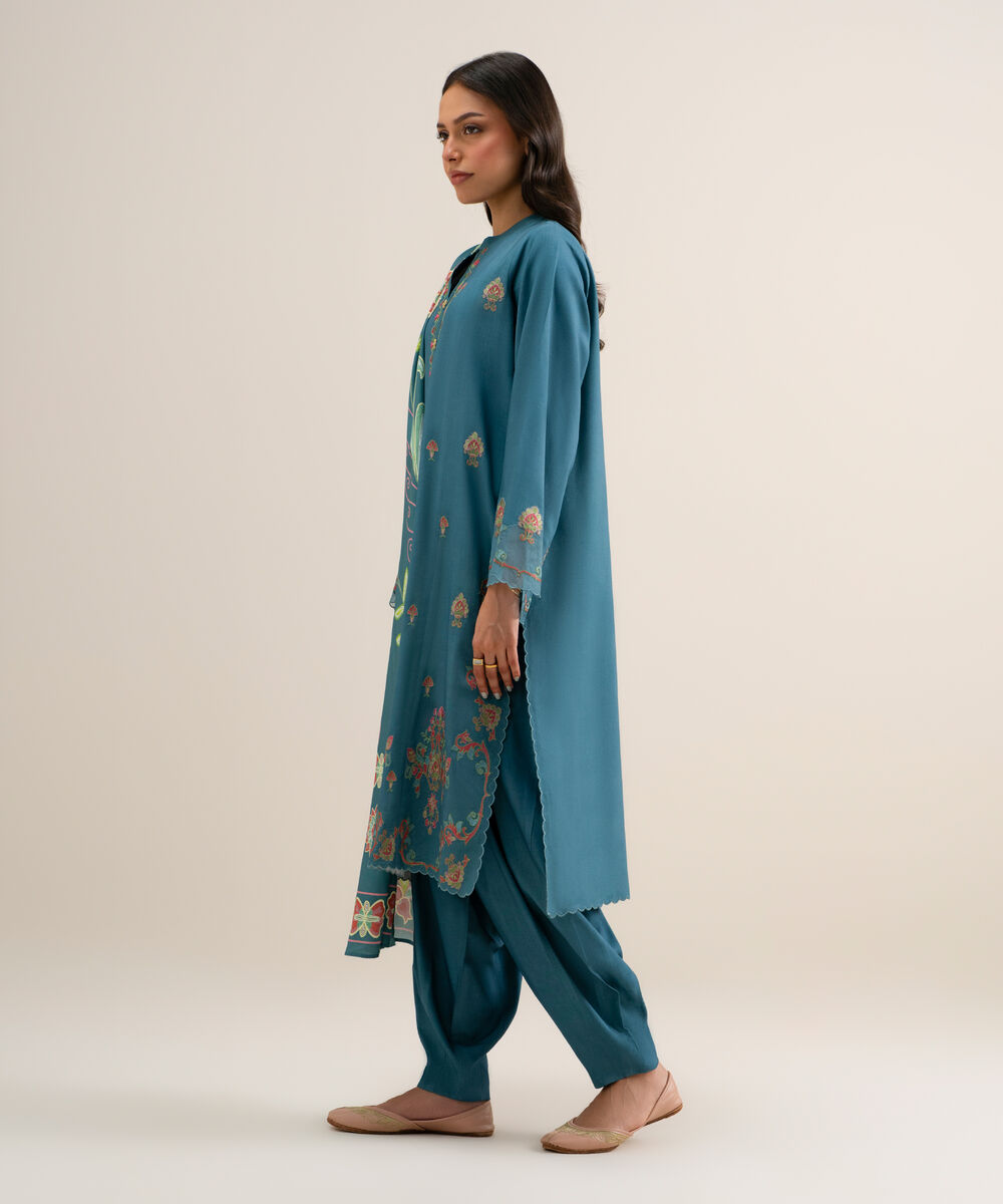 Women's Unstitched Embroidered Linen Teal Blue 3 Piece Suit
