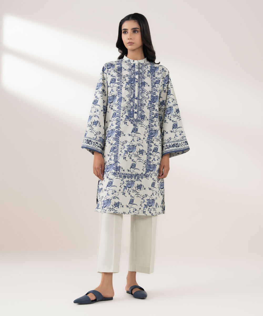 Women's RTW Cotton Embroidered White 2 Piece Suit