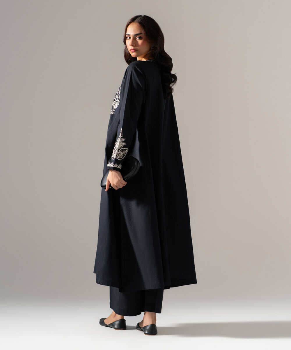 Women's RTW Dobby Solid Embroidered Black Flared A-Line