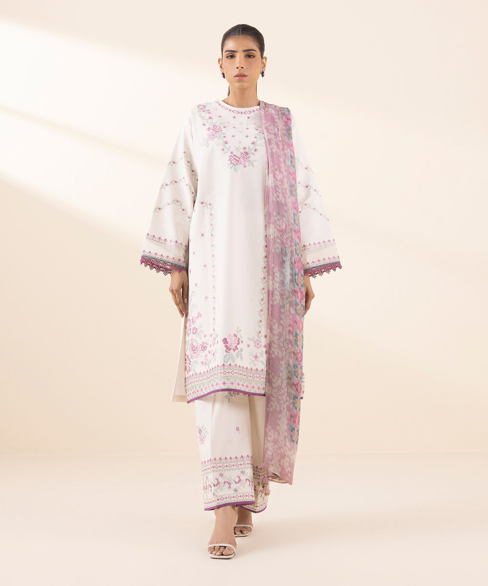 Women's Unstitched Dobby Embroidered Off White 3 Piece Suit