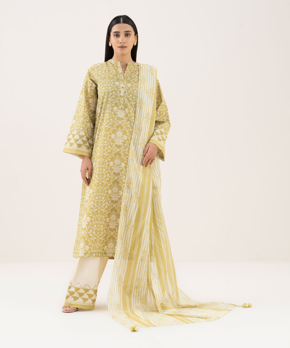 Women's Unstitched Lawn Printed Yellow 2 Piece Suit