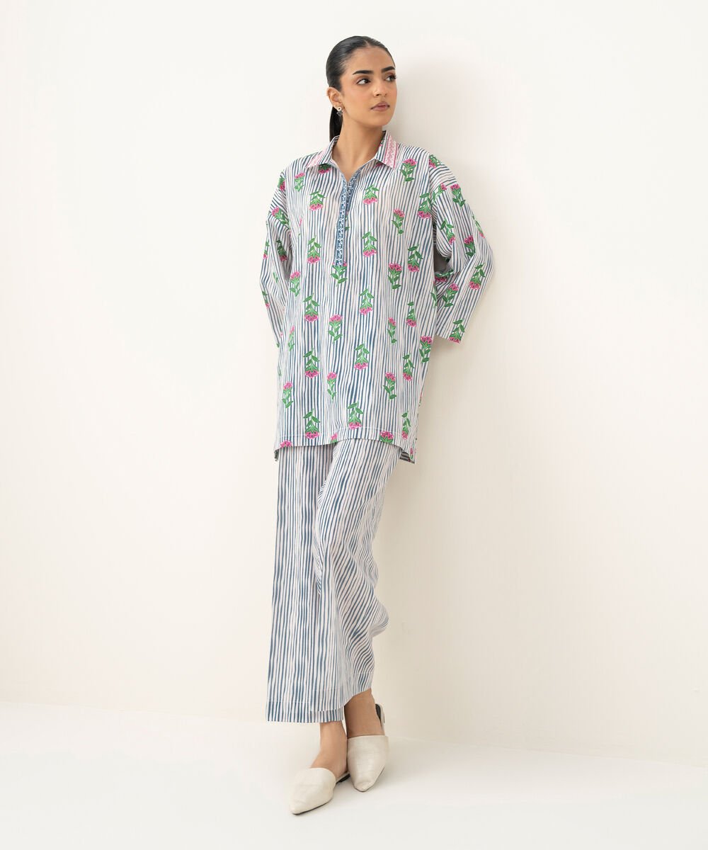 Women's RTW Crosshatch Printed White Drop Shoulder Shirt