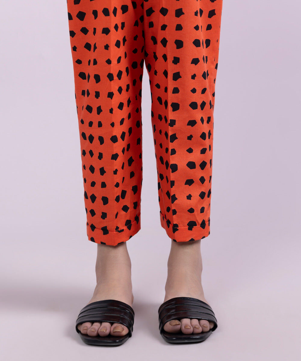 Women's Pret Cambric Printed Orange Cigarette Pants