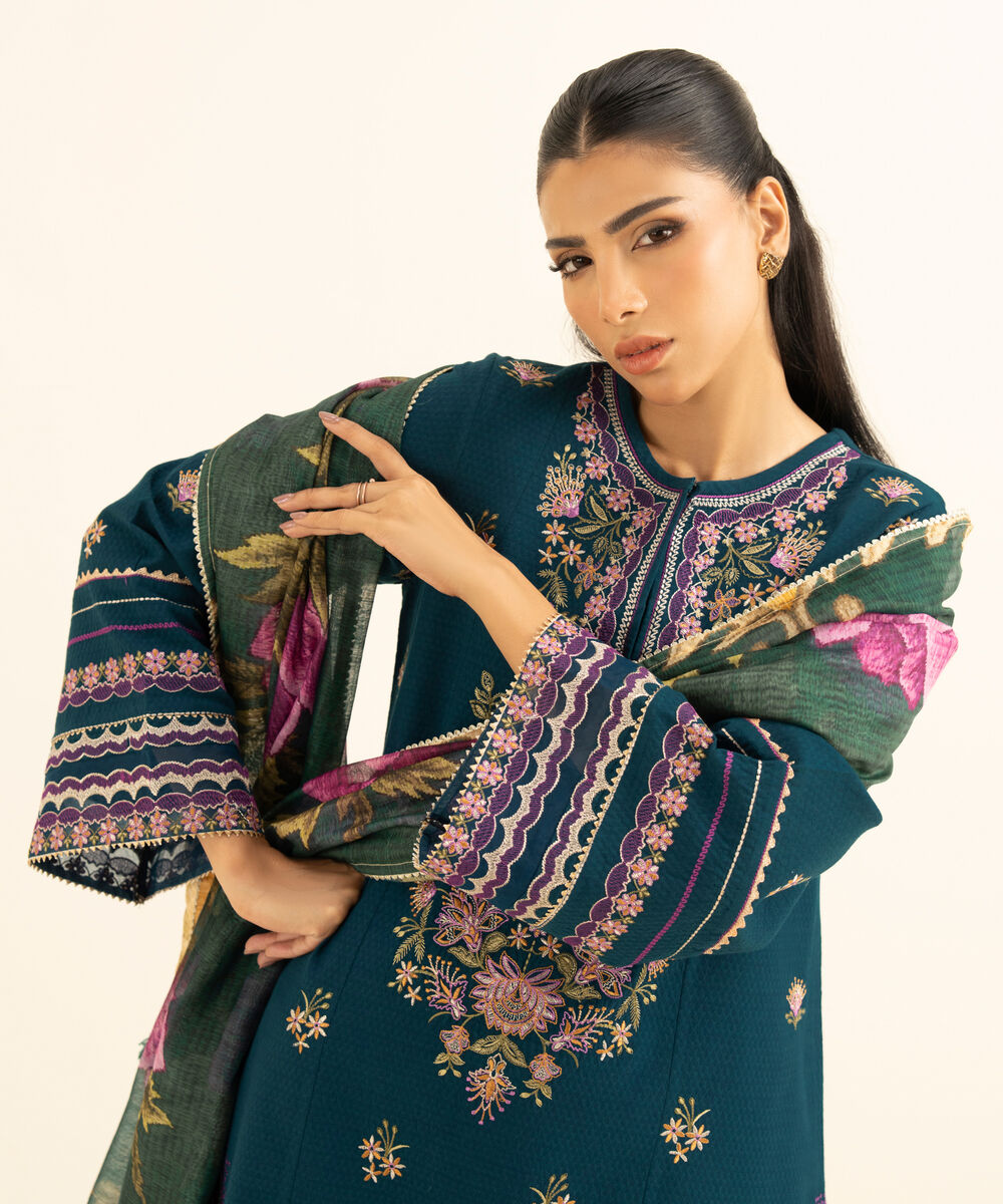 Women's Unstitched Dobby Embroidered Blue 3 Piece Suit