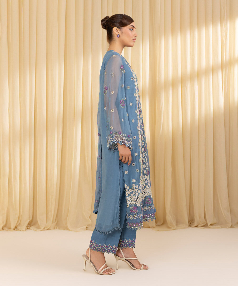 Unstitched Women's Blue Chiffon Embroidered 3 Piece Suit