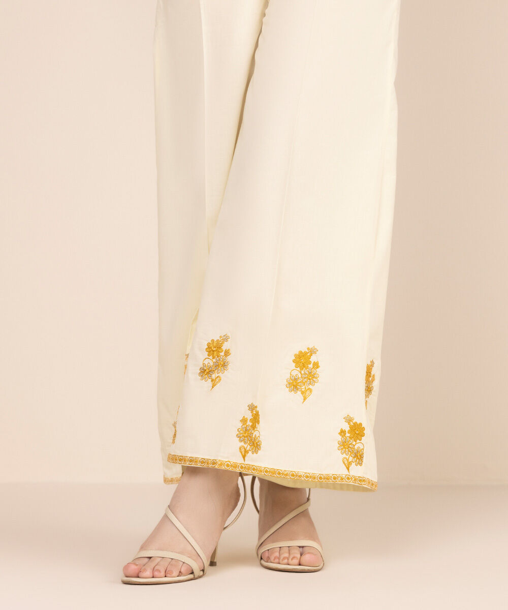Women's RTW Cambric Yellow Embroidered Flared Pants