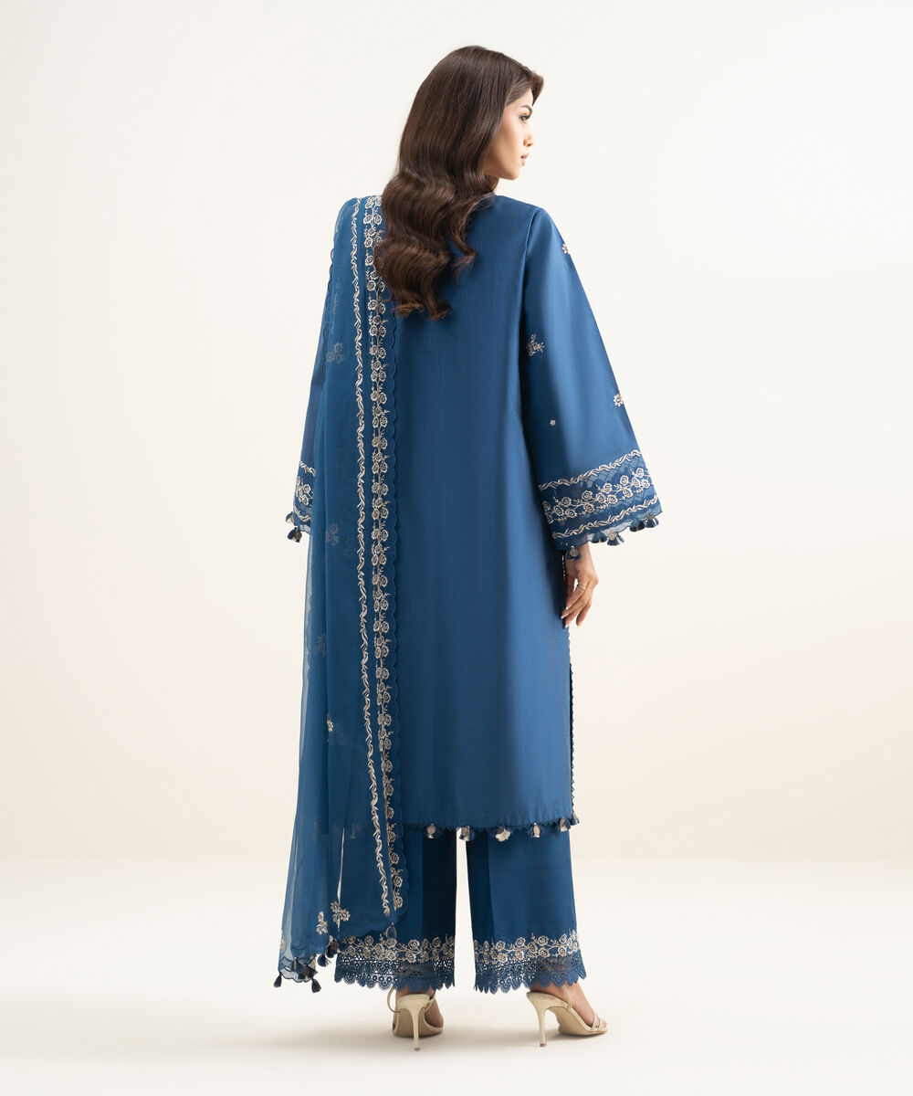 Women's Unstitched Cotton Net Embroidered Blue 3 Piece Suit