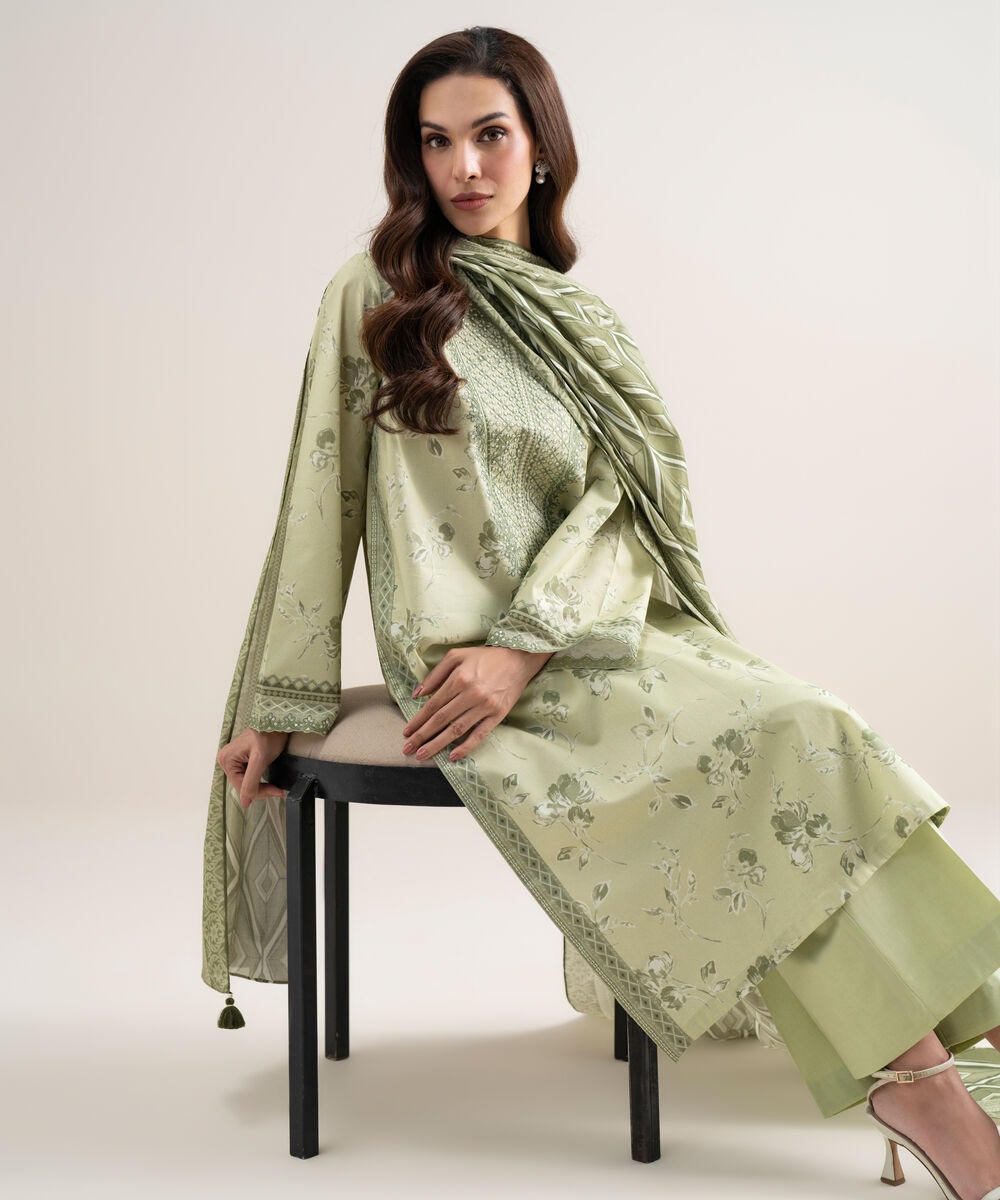 Women's Unstitched Lawn Embroidered Off White and Grey 3 Piece Suit