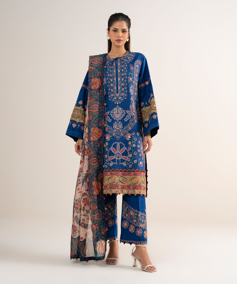 Women's Unstitched Textured Lawn Embroidered Blue  3 Piece Suit