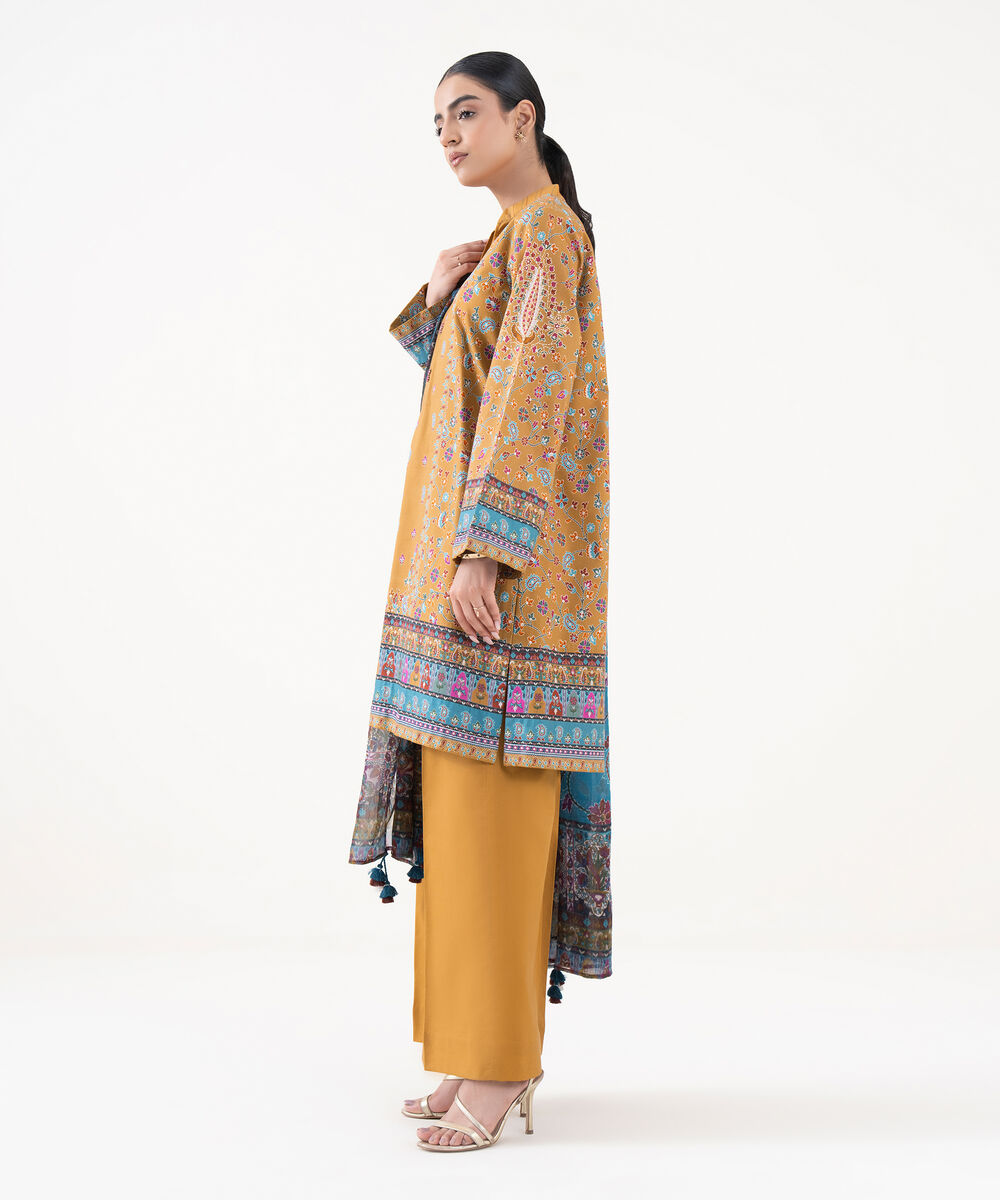 Women's Unstitched Cotton Viscose Printed Orange 3 Piece Suit