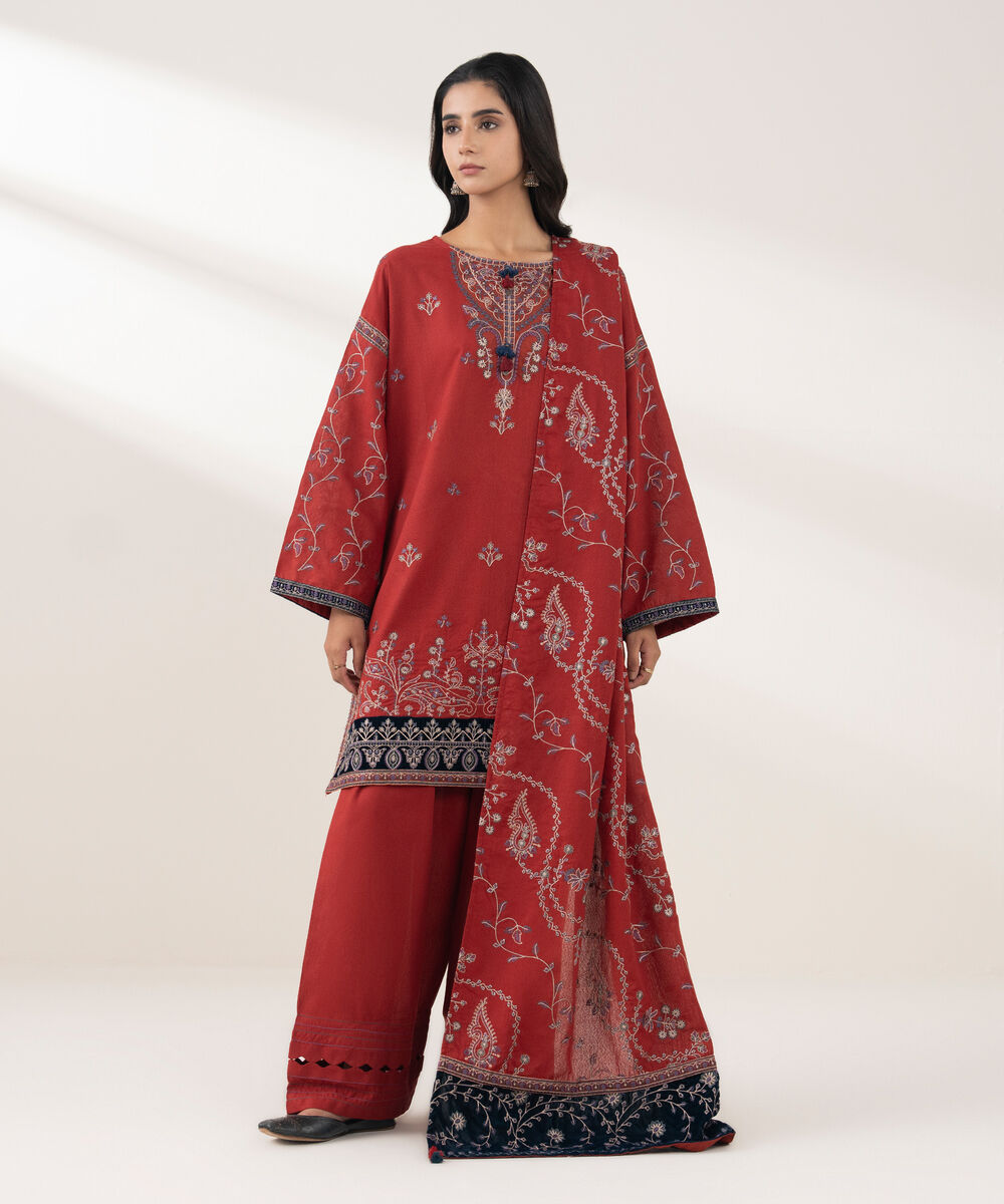 Women's RTW Cotton Karandi Embroidered Red 3 Piece Suit