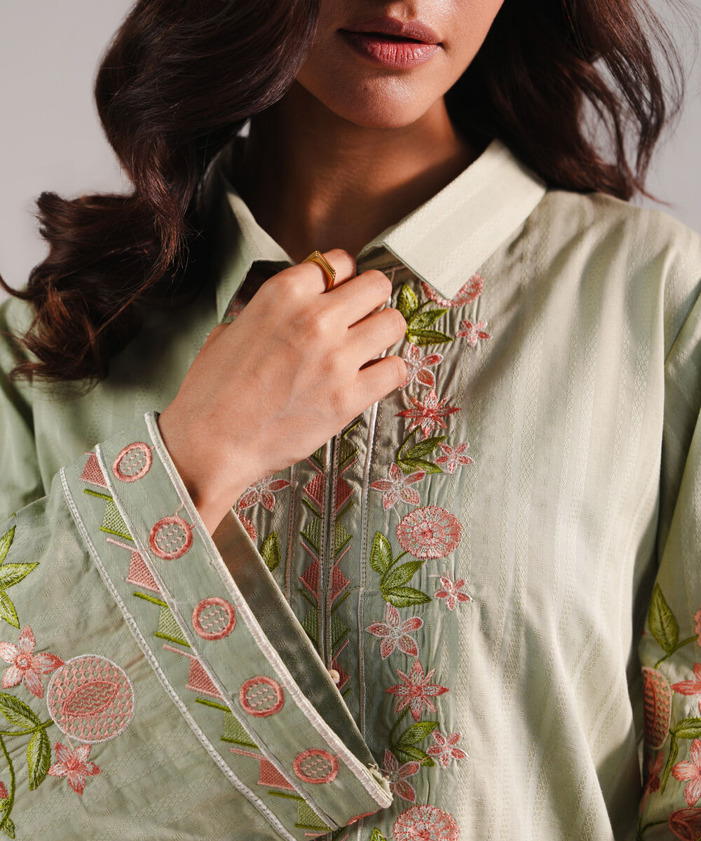 Women's RTW Dobby Embroidered Green 2 Piece Suit