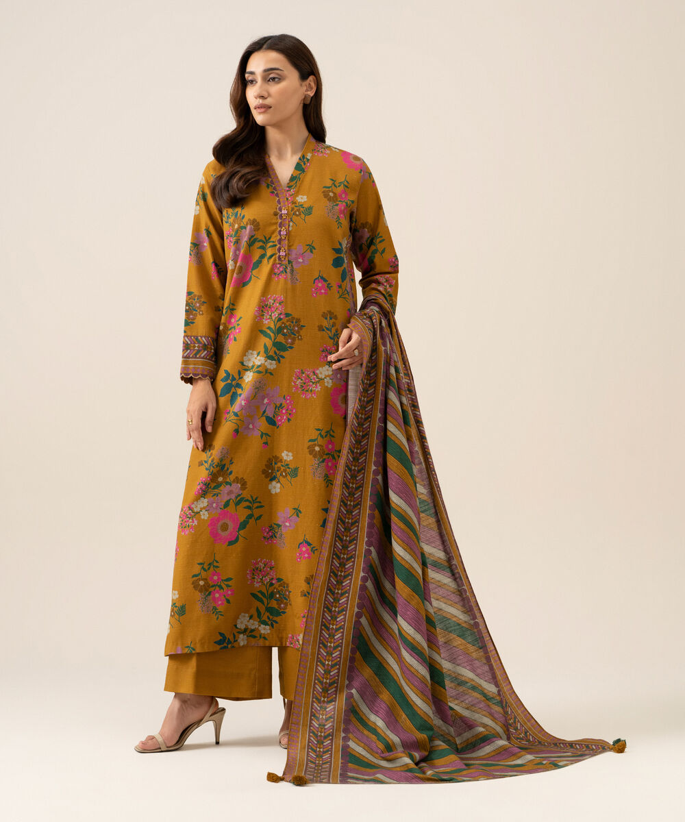 Women's Unstitched Lawn Printed Mustard 3 Piece Suit