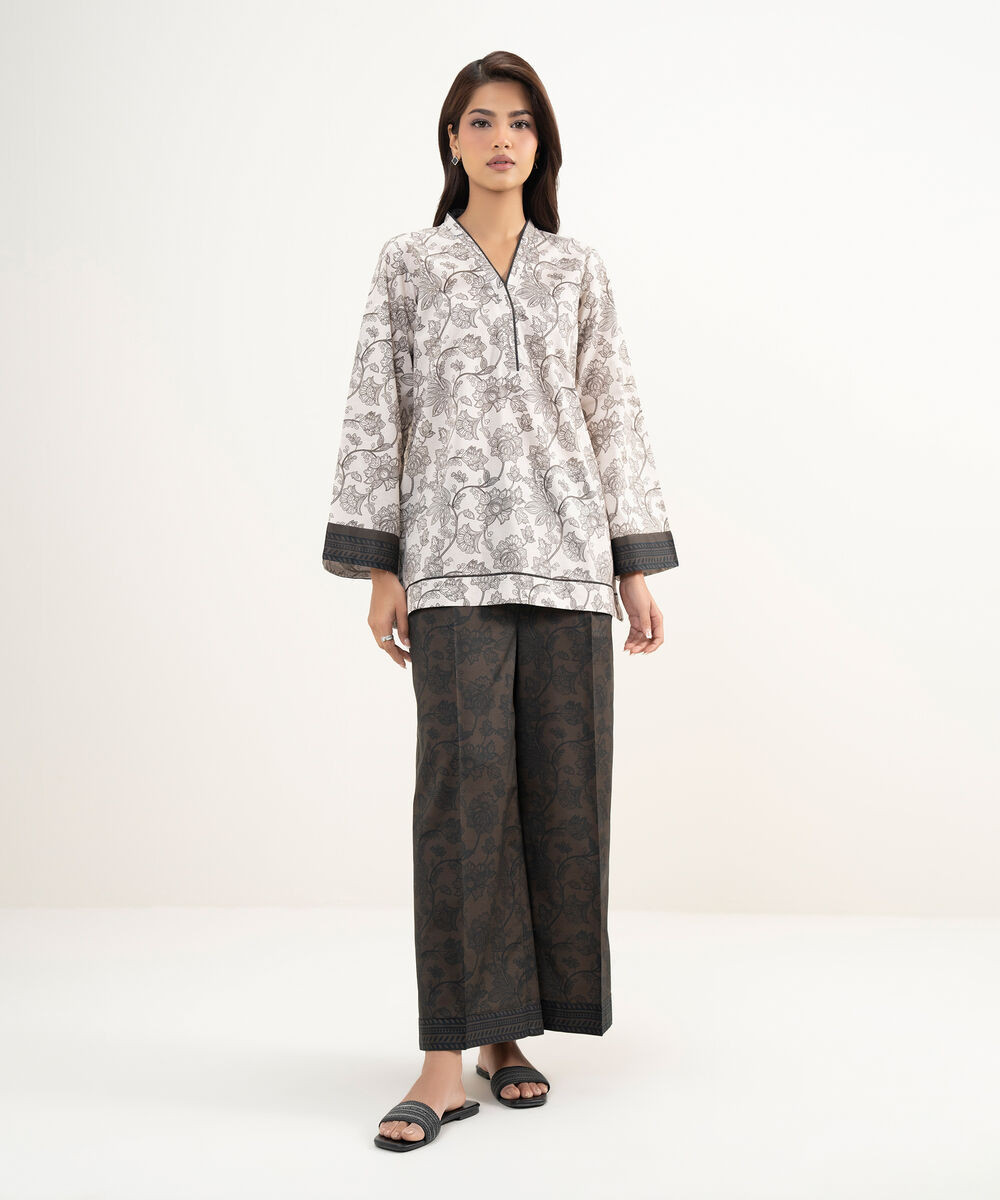 Women's RTW Lawn Printed Beige Straight Shirt