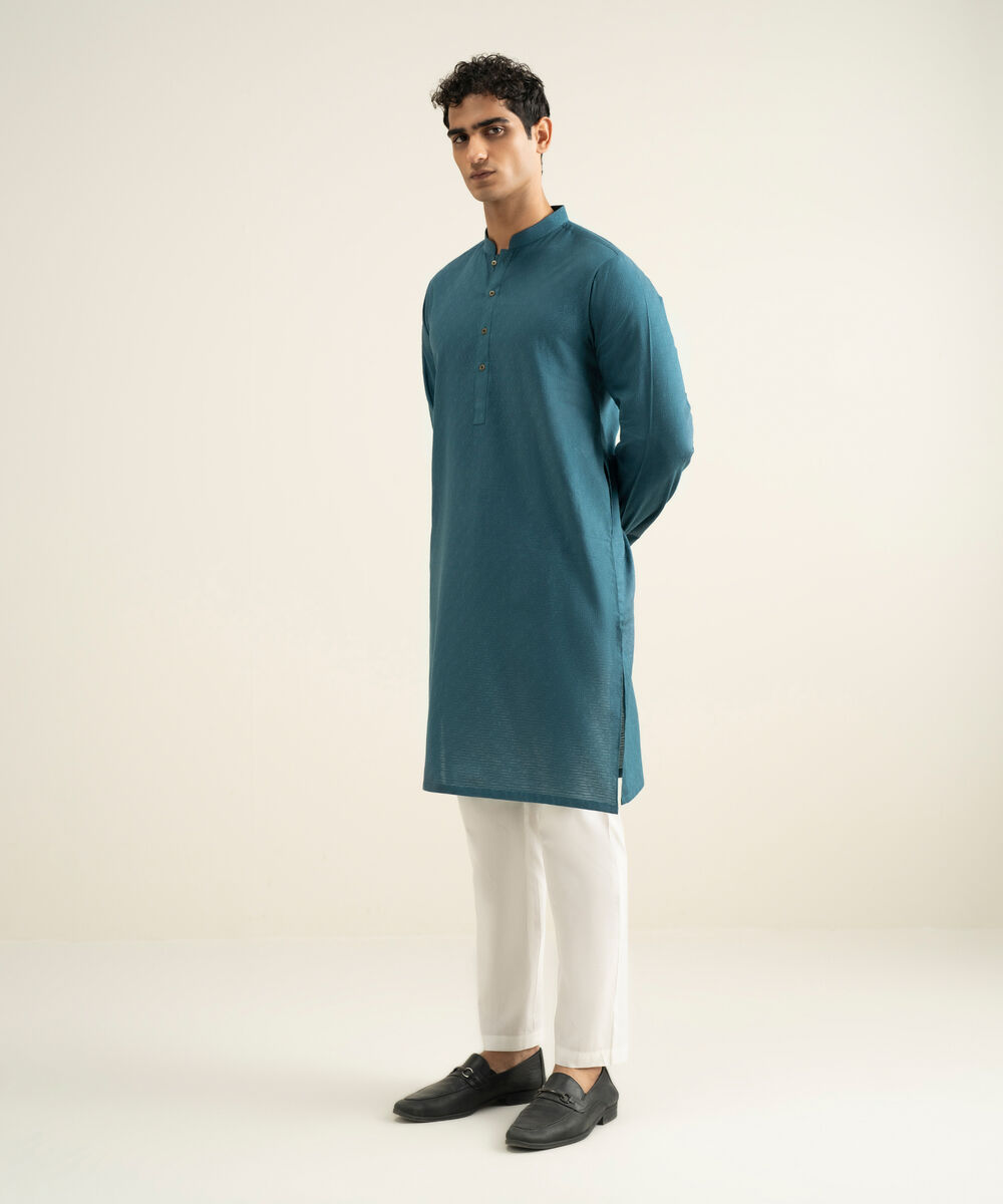 Men's teal Cotton Jacquard Kurta