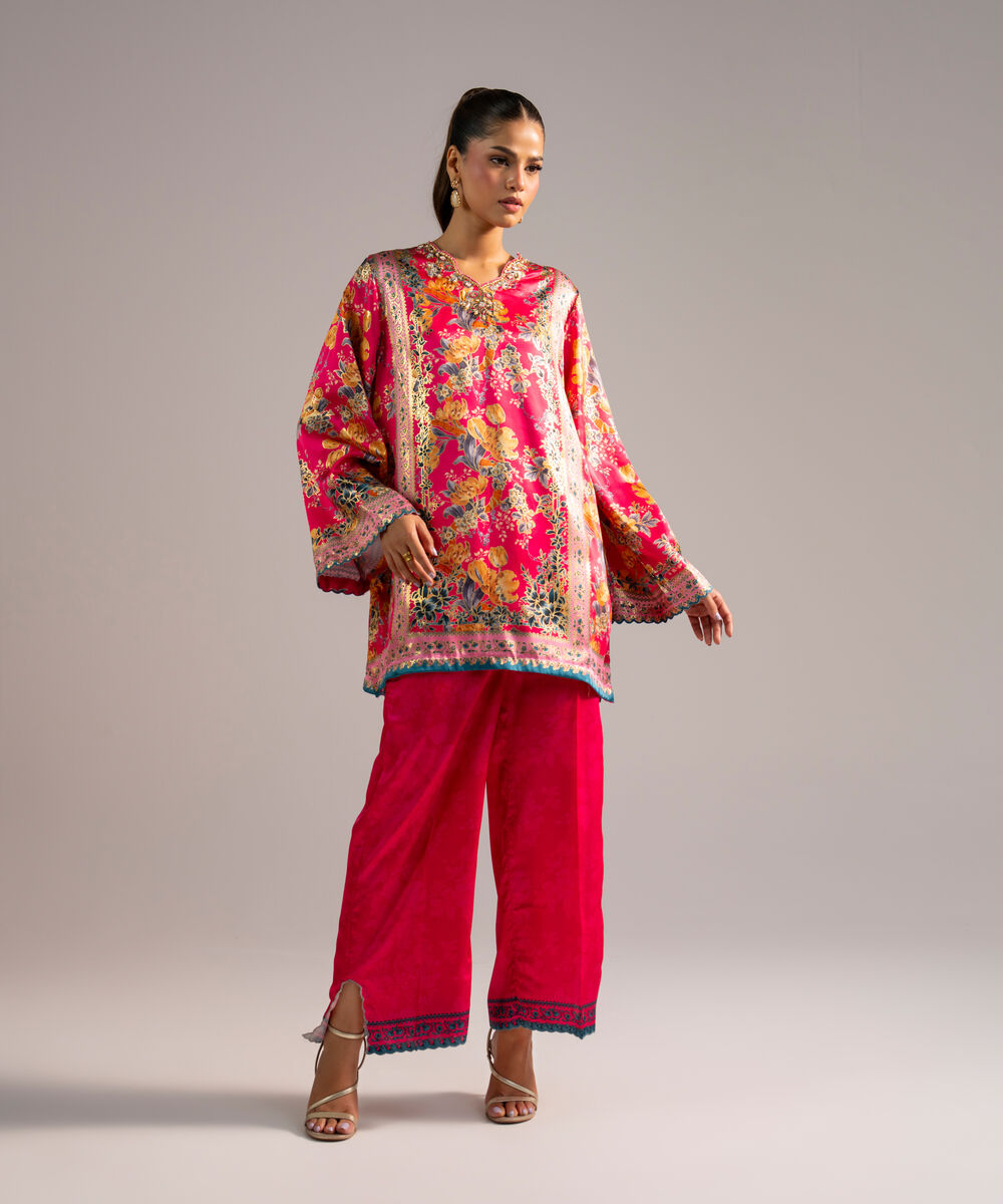 Women's RTW Blended Satin Printed Pink 2 Piece Suit