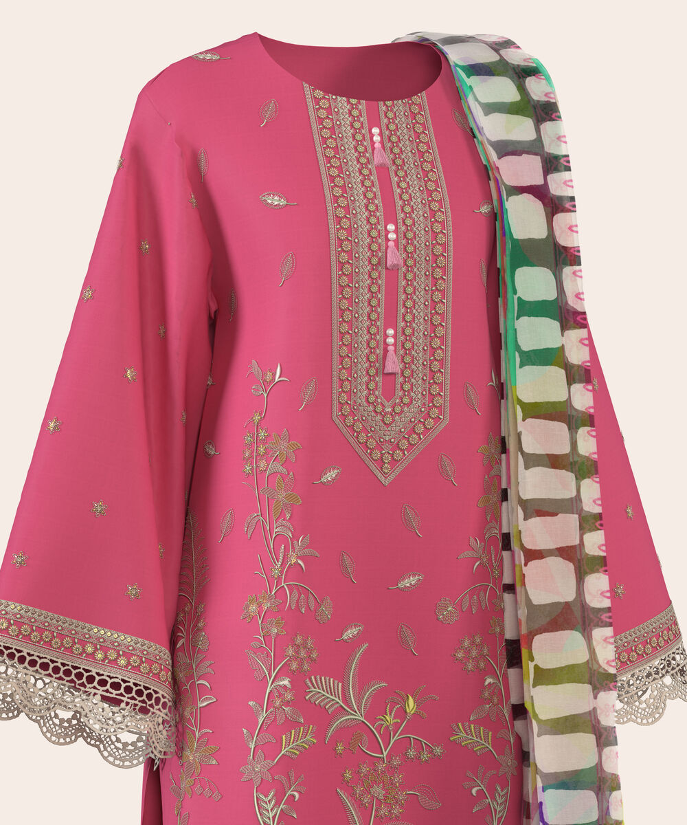 Women's Unstitched Self Jacquard Pink  Embroidered 3 Piece Suit
