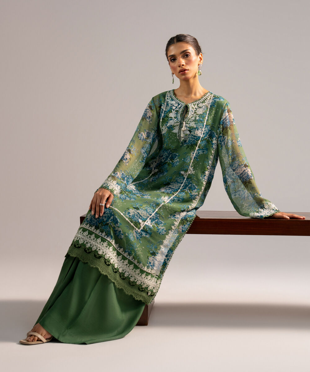 Women's RTW Chiffon Embroidered Green 2 Piece Suit