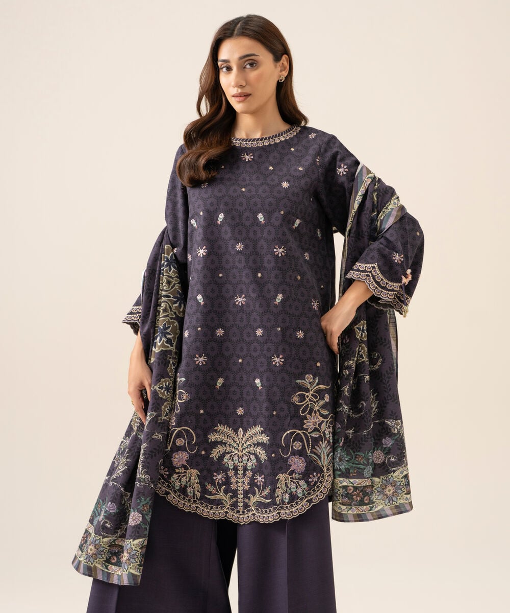 Women's Unstitched Light Khaddar Embroidered Blue 3 Piece Suit
