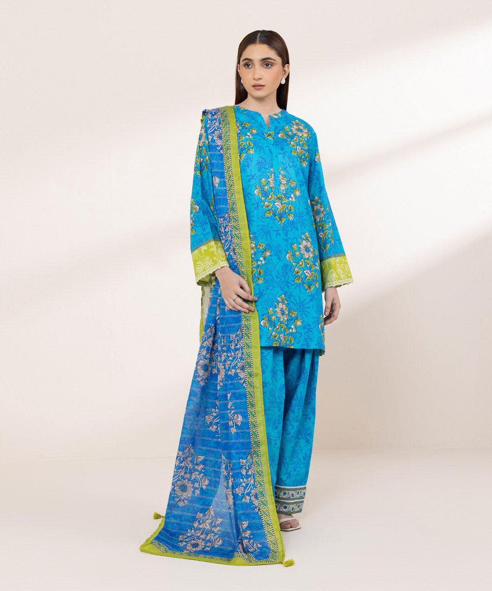 Women's RTW Textured Lawn Blue Printed A-Line Shirt