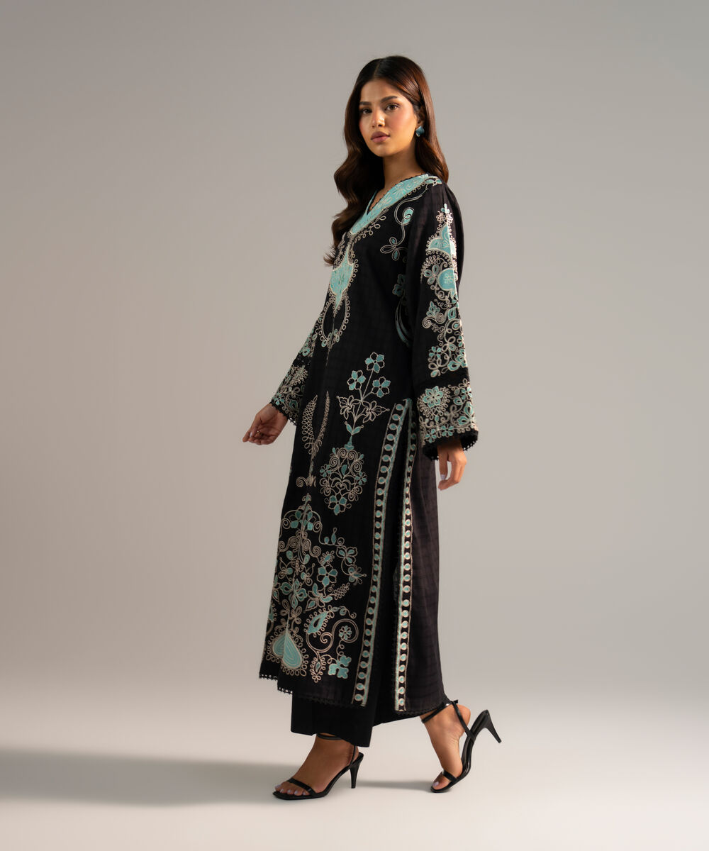 Women's RTW Dobby Embroidered Black A-Line Shirt