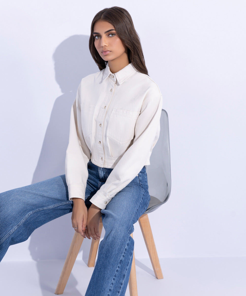 Woman - White Cropped Twill Jacket