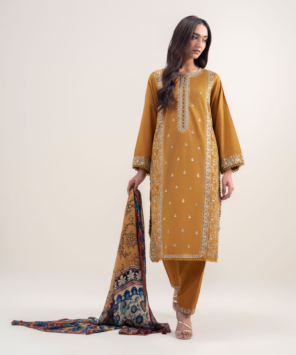 Women's RTW Dobby Embroidered Mustard Brown 3 Piece Suit