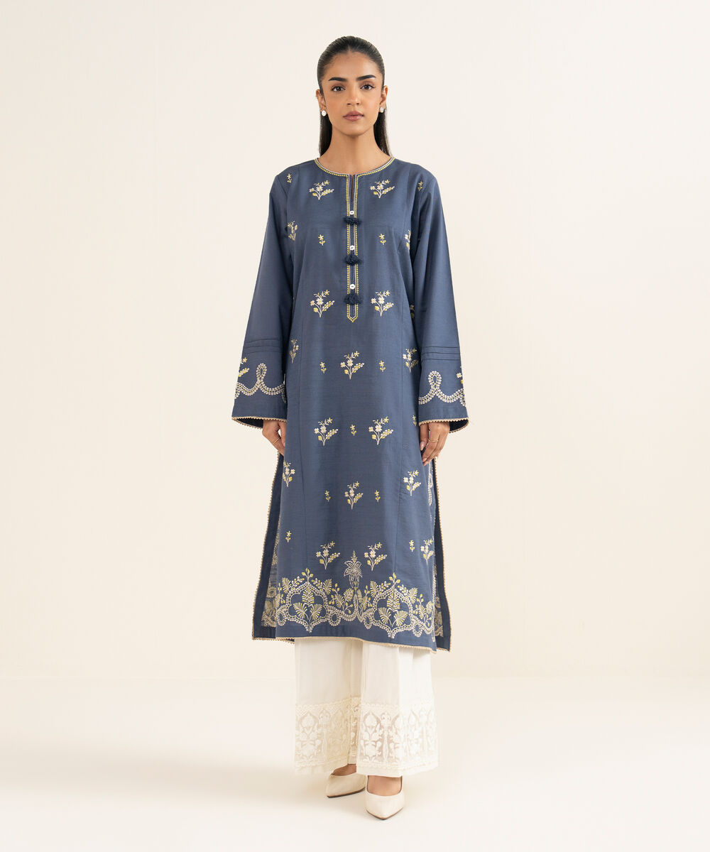 Women's RTW Light Khaddar Embroidered Blue A-Line Shirt
