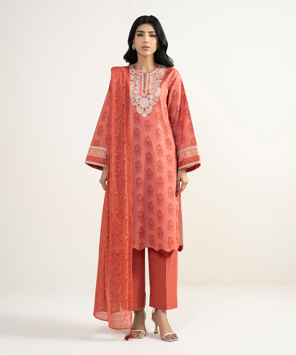 Women's Unstitched Lawn Embroidered Red 3 Piece Suit
