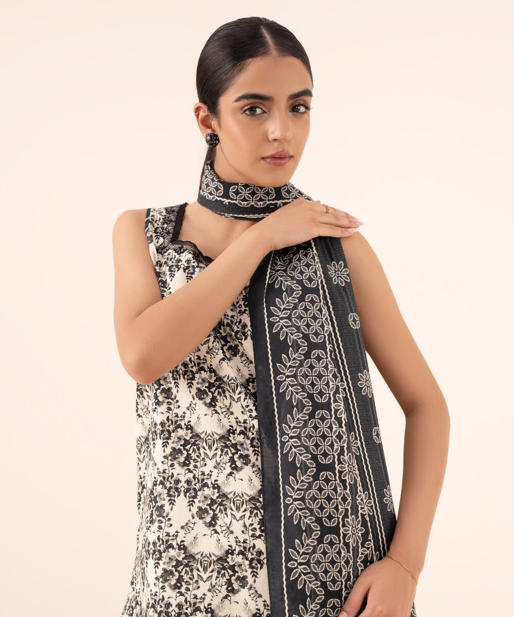 Women's Unstitched Cotton Embroidered Black 3 Piece Suit