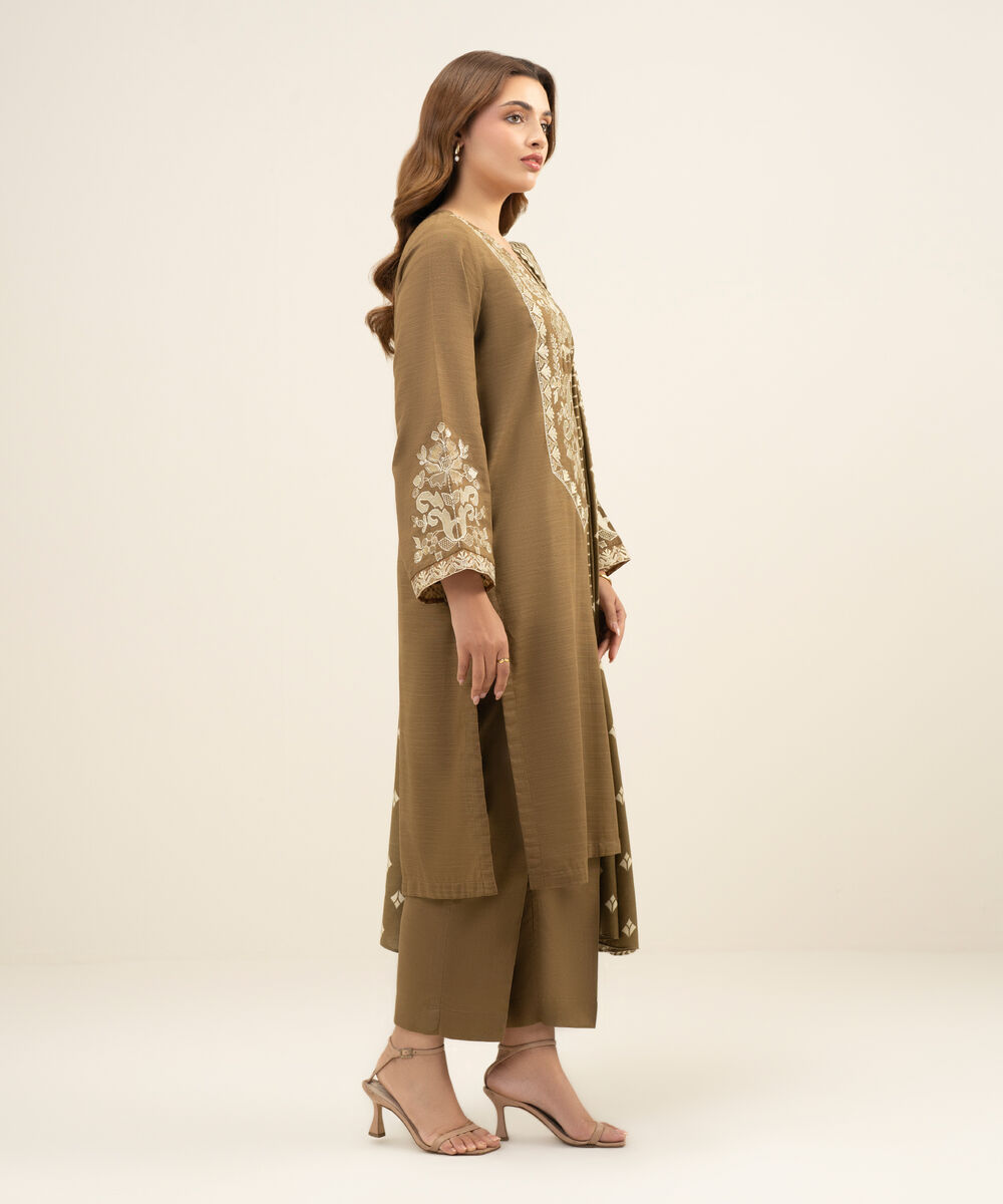 Women's Unstitched Khaddar Brown  3 Piece Suit