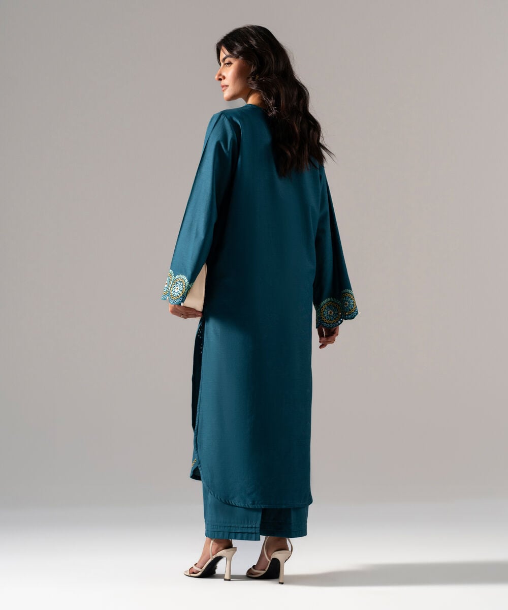 Women's RTW Solid Embroidered Teal Cotton Viscose Shirt