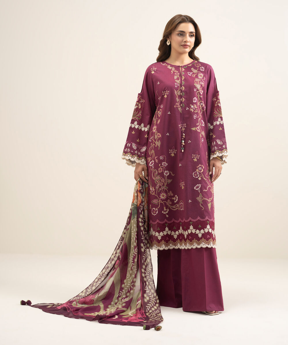 Women's Unstitched Textured Lawn Embroidered Pink 3 Piece Suit