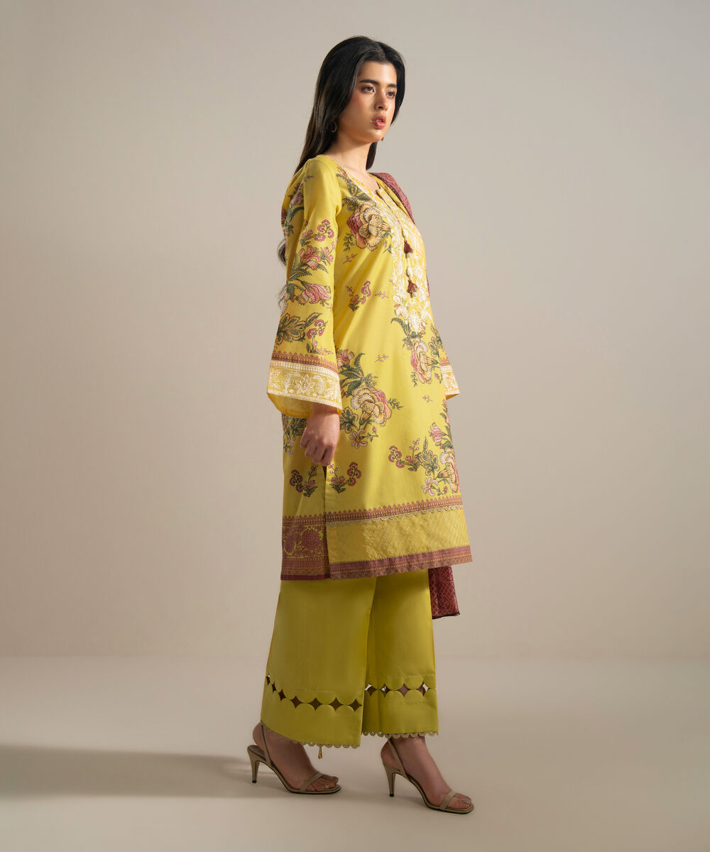 Women's RTW Zari Lawn Embroidered Yellow 3 Piece Suit