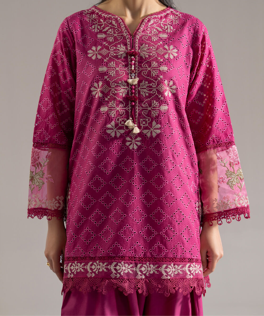 Women's RTW Dobby Solid Embroidered Pink 3 Piece Suit